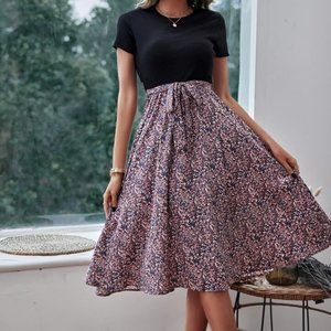 SHEIN LUNE Ditsy Floral Belted A-line Dress